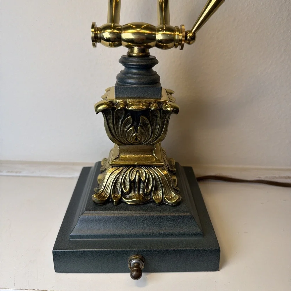 House of Troy Desk Piano Ornate Brass Lamp Heavy Green Base Rare 14